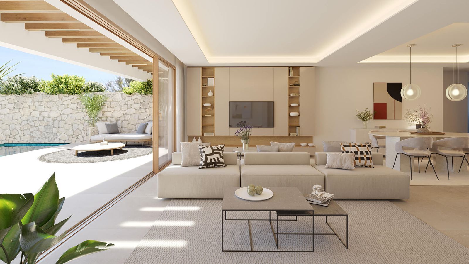 Luxe woonkamer met toegang tot terras en zwembad bij Elysea Suites.