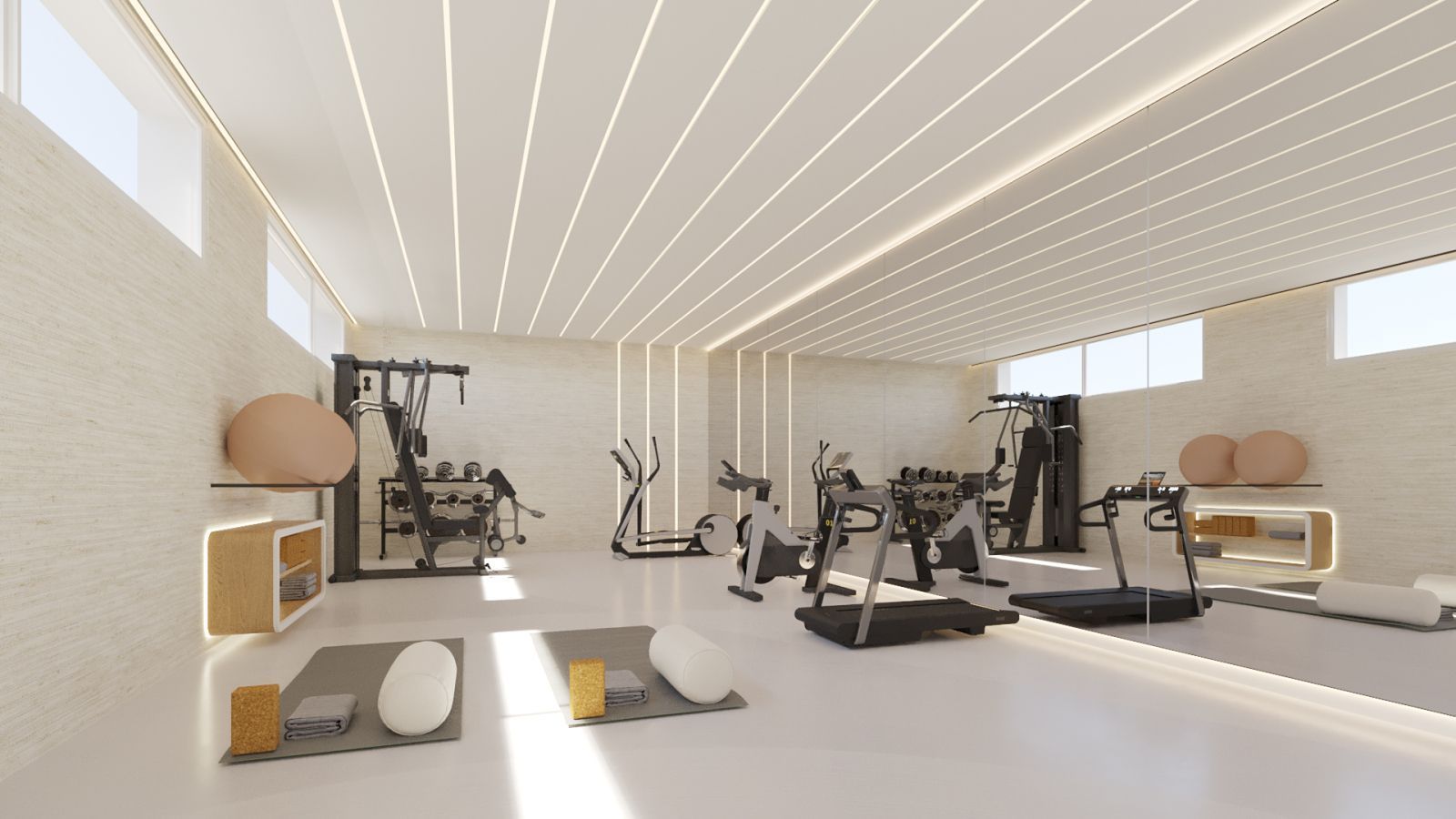 Moderne fitnessruimte met diverse apparatuur in Elysea Suites.